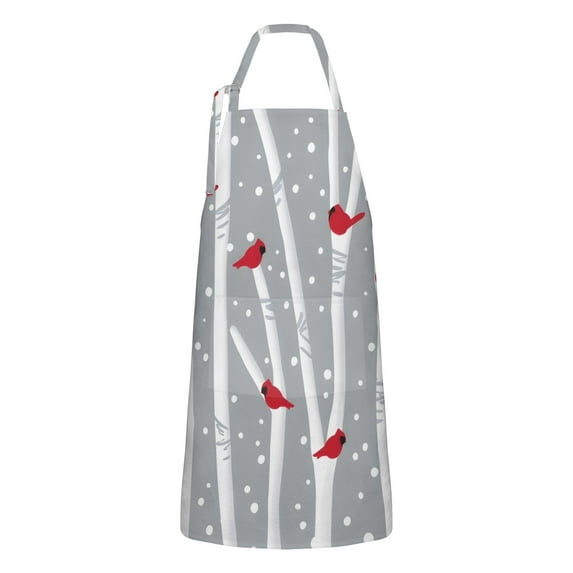 Gray Christmas Cardinal Bird Apron-Garden Aprons for Women with Pockets-Cotton Linen Waterproof Kitchen Cooking Gardening Aprons Adjustable for Kitchen,Cooking,BBQ and Salon 32"x27"