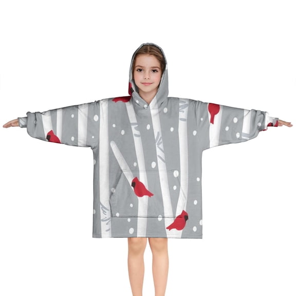 Gray Christmas Cardinal Bird Pattern Blanket Hoodies for Kids 6-13YR Oversize Wearable Blanket Hoodies for Boys Girls Teens