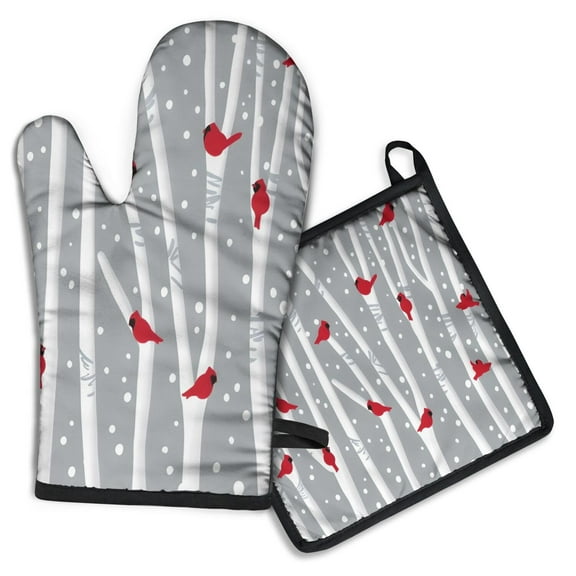Gray Christmas Cardinal Bird Pattern Kitchen Oven Mitt and Pot Holder Sets 2 Pcs for Baking, Cooking and Grilling, Heat Resistant Up To 392 °F