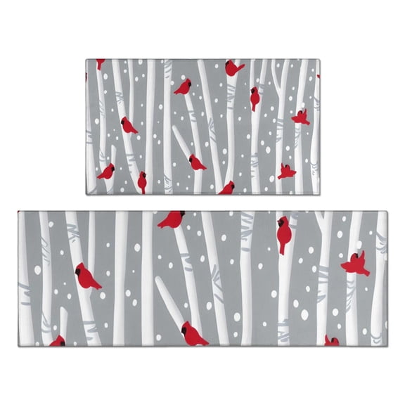 Gray Christmas Cardinal Bird Pattern Kitchen Rugs Sets Of 2,Anti Fatigue Kitchen Mat Rugs Non Slip Washable,Decorative Kitchen Floor Mats for Kitchen,Sink,Laundry,17"x30"+17"x47"