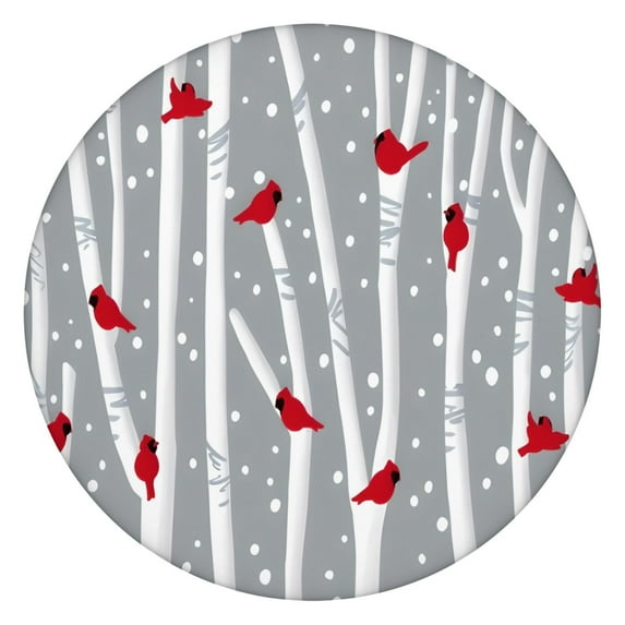 Gray Christmas Cardinal Bird Pattern Round Fitted Tablecloth with Elastic Edge,Dining Table Cover Waterproof,Outdoor Round Tablecloth for Camping,Dining,Indoor and Outdoor