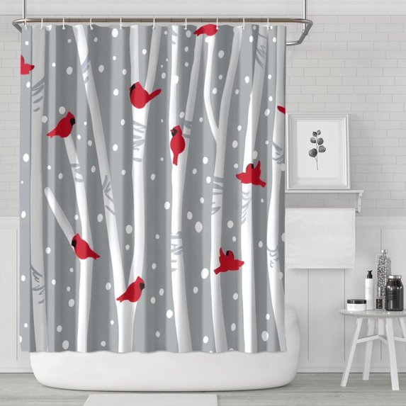 Gray Christmas Cardinal Bird Pattern Shower Curtain 84"x72" ,Bathroom Decorative Shower Curtains Set with 12 Hooks,Modern Waterproof Washable Shower Curtain