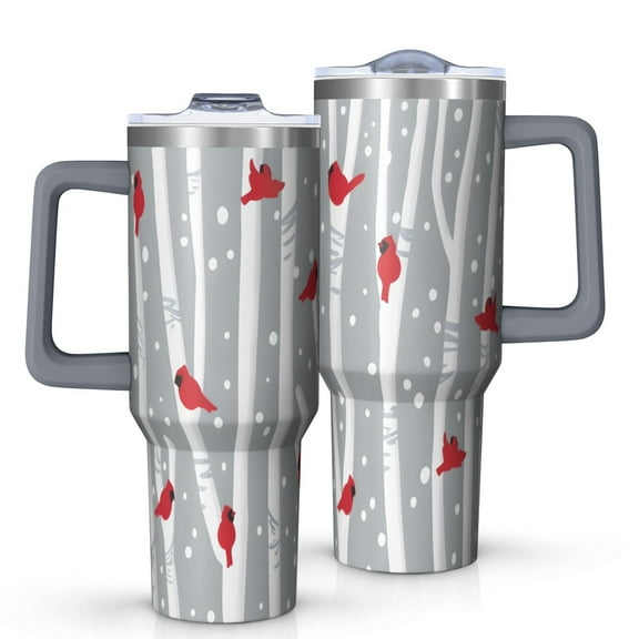 Gray Christmas Cardinal Bird Pattern Tumbler with Handle and Lid,40oz Double Wall Vacuum Insulated Tumbler,Cups Gift for Women and Men