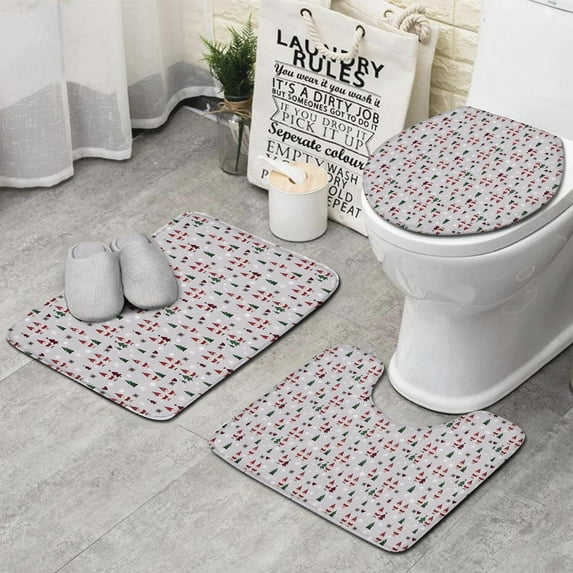 Gray Christmas Gnome and Tree Pattern Bathroom Rugs Sets 3 Piece,Toilet Cover Set,Absorbent Non Slip Bathroom Mats Sets with U-Shaped Contour Rug Toilet Rug Set