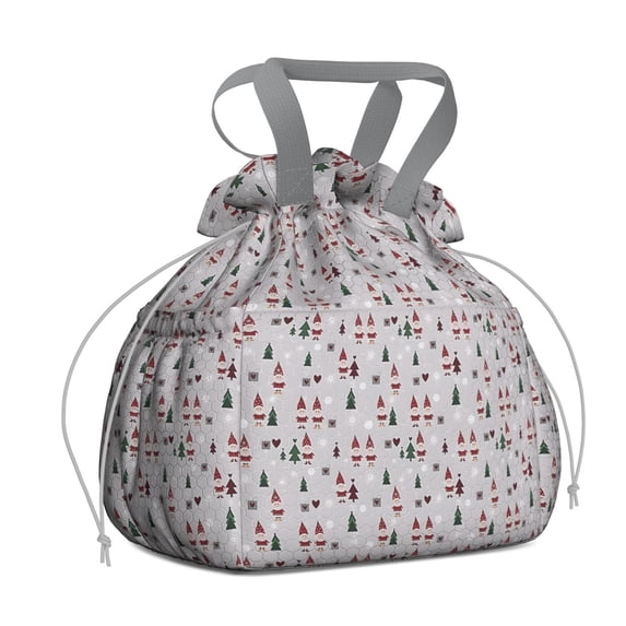Gray Christmas Gnome and Tree Pattern Drawstring Lunch Bag Women - Drawstring Lunch Bag Insulated for Work Office - Stain-Resistant Large Lunchbags for Women with Multi-Pockets