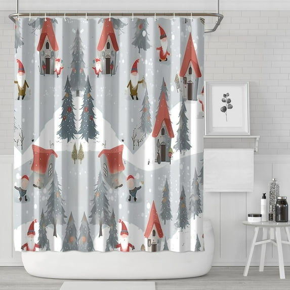 Gray Christmas Gnome Village Pattern Shower Curtain 84"x72" ,Bathroom Decorative Shower Curtains Set with 12 Hooks,Modern Waterproof Washable Shower Curtain