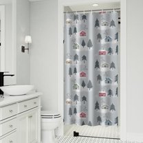 Gray Christmas House and Tree Pattern Shower Curtain 36"x72" ,Bathroom Decorative Shower Curtains Set with 12 Hooks,Modern Waterproof Washable Shower Curtain