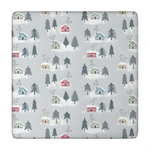 Gray Christmas House and Tree Pattern Square Fitted Tablecloth with Elastic Edge,Square Table Cover,Washable Elastic Table Cover for Home Kitchen Party Decor 34"x34"