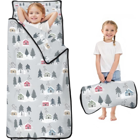 Gray Christmas House and Tree Pattern Toddler Nap Mats for Kids Preschool,59"x22" Sleeping Mat Bag or Kids,Toddler Sleeping Bag,Toddler Nap Mat or Daycare