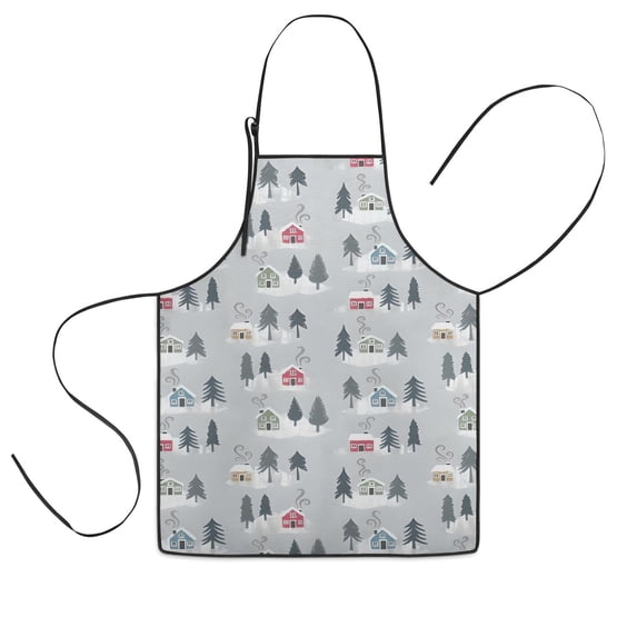 Gray Christmas House and Tree Pattern Kids Aprons for Girls and Boys,Adjustable Neck Strap Toddler Aprons for Kids Cooking Baking