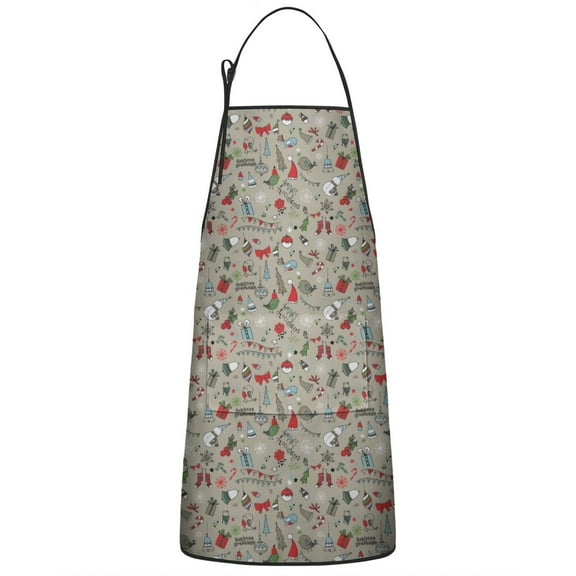 Gray Christmas Icon Pattern Apron-Garden Aprons for Women with Pockets-Cotton Linen Waterproof Kitchen Cooking Gardening Aprons Adjustable for Kitchen,Cooking,BBQ and Salon 33"x27"