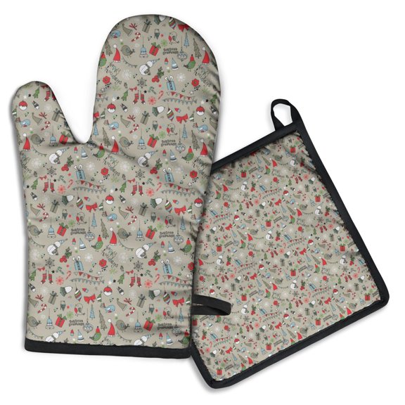 Gray Christmas Icon Pattern Kitchen Oven Mitt and Pot Holder Sets 2 Pcs for Baking, Cooking and Grilling, Heat Resistant Up To 392 °F