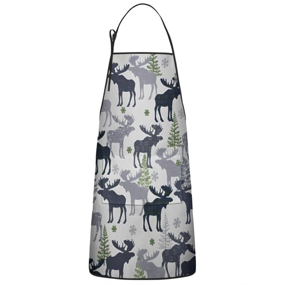 Gray Christmas Moose and Tree Pattern Apron-Garden Aprons for Women with Pockets-Cotton Linen Waterproof Kitchen Cooking Gardening Aprons Adjustable for Kitchen,Cooking,BBQ and Salon 33"x27"