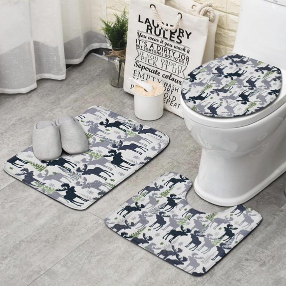Gray Christmas Moose and Tree Pattern Bathroom Rugs Sets 3 Piece,Toilet Cover Set,Absorbent Non Slip Bathroom Mats Sets with U-Shaped Contour Rug Toilet Rug Set