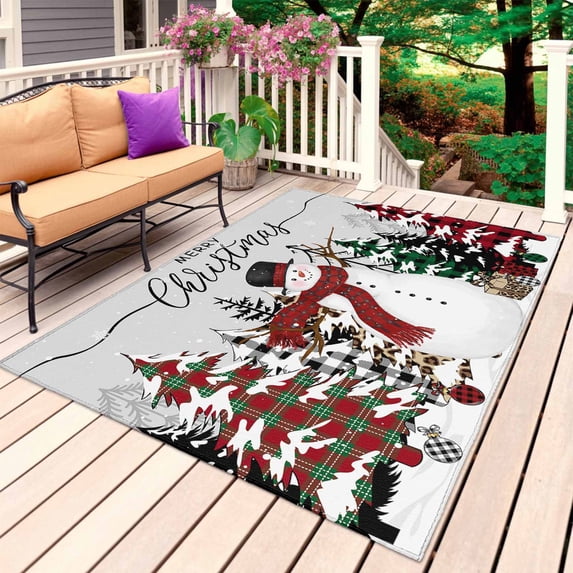 Gray Christmas Outdoor Rug for Patio/Deck/Porch, Non-Slip Large Area Rug 6 x 9 Ft, Snowman Snowflake Xmas Tree Indoor Outdoor Rugs Washable Area Rugs, Reversible Camping Rug Carpet Runner
