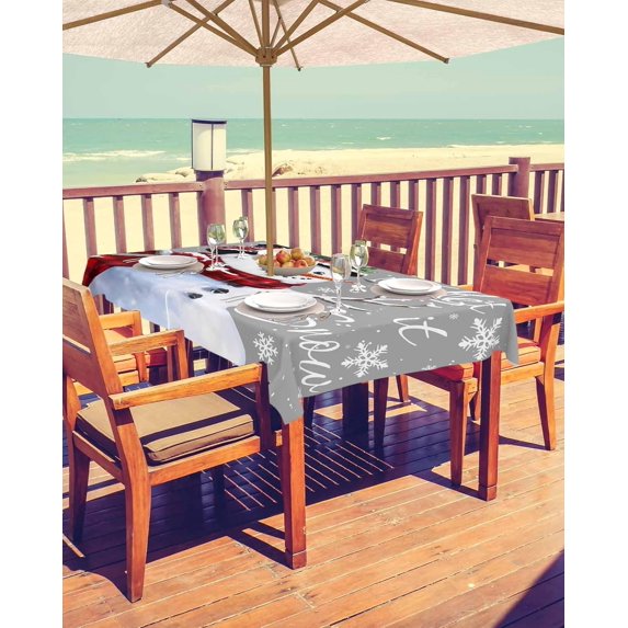 Gray Christmas Outdoor Tablecloth - 52x70 Inch Rectangle Dining Table Cover, Snowflake Snowman Xmas Birds Berry Waterproof Outdoor Table Cloth with Umbrella Hole & Zipper for Picnic/Patio