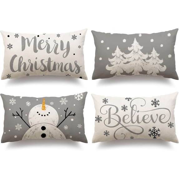 Gray Christmas Pillow Covers 12x20 Set of 4 for Christmas Decorations Merry Christmas Tree Believe Snowflake Winter Holiday Decor Throw Cushion Case for Home Couch