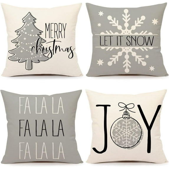 Gray Christmas Pillow Covers 16x16 Set of 4 Farmhouse Christmas Decorations Merry Tree Joy Let It Snow FA La La Winter Holiday Decor Throw Cushion Case for Home Couch TH055-16