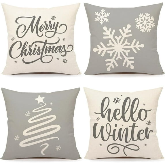 Gray Christmas Pillow Covers 18x18 Set of 4 Farmhouse Xmas Decorations Snowflake Hello Winter Holiday Decor Throw Cushion Case for Home Couch S24C16