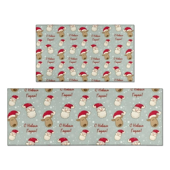 Gray Christmas Santa and Reindeer Pattern Kitchen Rugs Sets Of 2,Anti Fatigue Kitchen Mat Rugs Non Slip Washable,Decorative Kitchen Floor Mats for Kitchen,Sink,Laundry,17"x30"+17"x47"