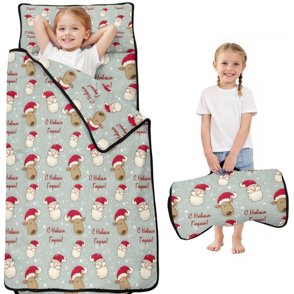 Gray Christmas Santa and Reindeer Pattern Toddler Nap Mats for Kids Preschool,51"x22" Sleeping Mat Bag or Kids,Toddler Sleeping Bag,Toddler Nap Mat or Daycare