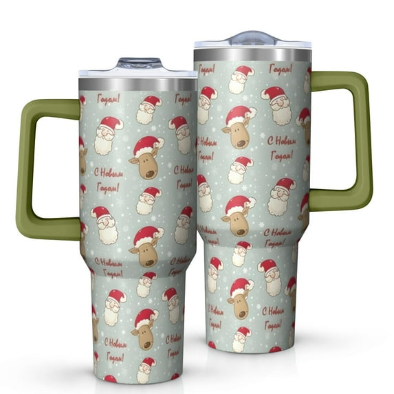 Gray Christmas Santa and Reindeer Pattern Tumbler with Handle and Lid,40oz Double Wall Vacuum Insulated Tumbler,Cups Gift for Women and Men