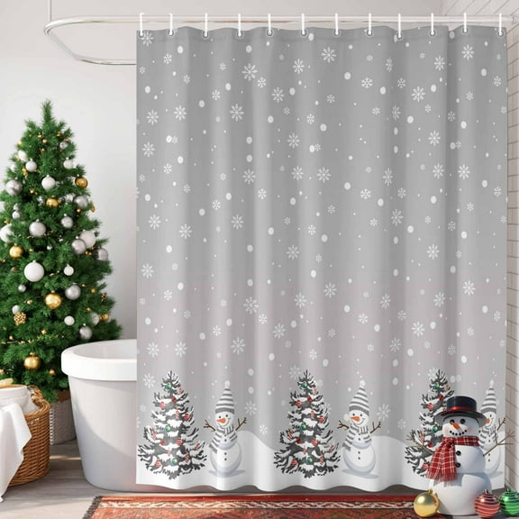 Gray Christmas Shower Curtain, 36" x 72", Snowman Christmas Tree Winter Snowflakes Waterproof Bathroom Curtain Washable Shower Curtain Set with 12 Hooks