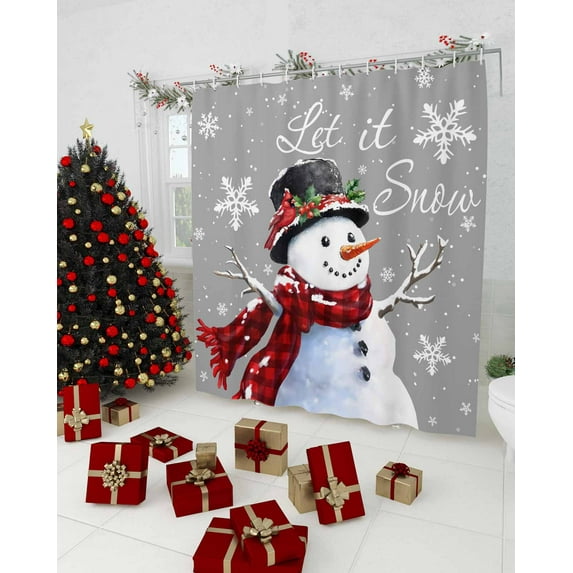 Gray Christmas Shower Curtain, Xmas Snowman Red Birds Snowflake Waterproof Washable Boho Funny Cute Shower Curtains Set for Bathroom Farmhouse Bathtubs Decor with Hook, 48"Wx72"L