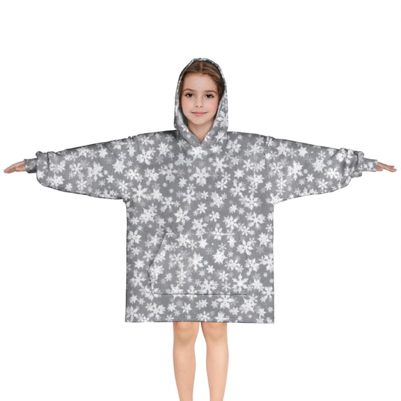 Gray Christmas Snowflake Pattern Blanket Hoodies for Kids 6-13YR Oversize Wearable Blanket Hoodies for Boys Girls Teens