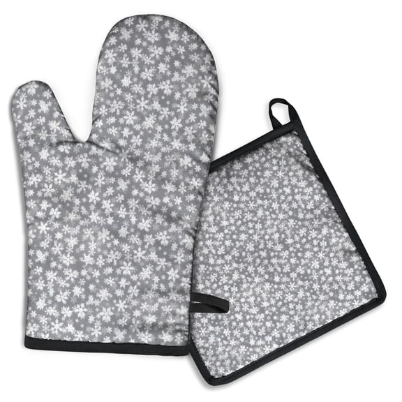 Gray Christmas Snowflake Pattern Kitchen Oven Mitt and Pot Holder Sets 2 Pcs for Baking, Cooking and Grilling, Heat Resistant Up To 392 °F