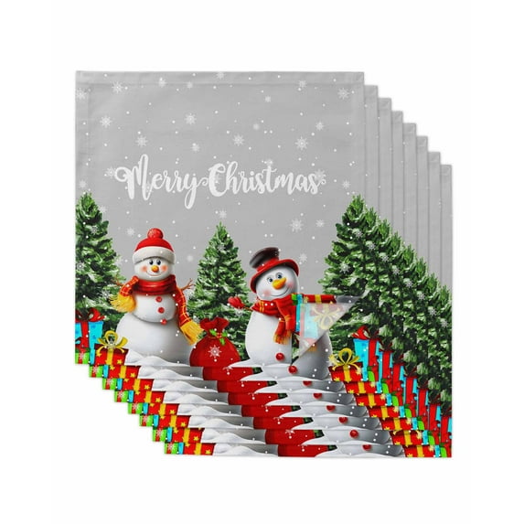 Gray Christmas Snowman Cloth Napkins Set of 8 Reusable Dinner Napkins, Winter Snowflake Pine Tree Cocktail Napkin Washable Table Napkins for Wedding/Holiday Party/Baby Shower 20"x20"