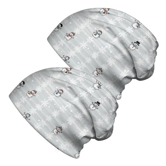 Gray Christmas Snowman Pattern 2 Pack Slouchy Beanie Hat, Outdoor Running Hat with Stretchy Fabric & Soft Texture, Lightweight Flexible Gifts for Birthday Christmas Thanksgiving