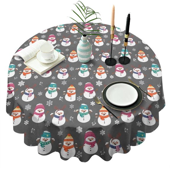 Gray Christmas Snowman Pattern Round Tablecloth 60"x60",Wrinkle Wipeable Table Cloth for Kitchen Dining Room Picnic Patio Party