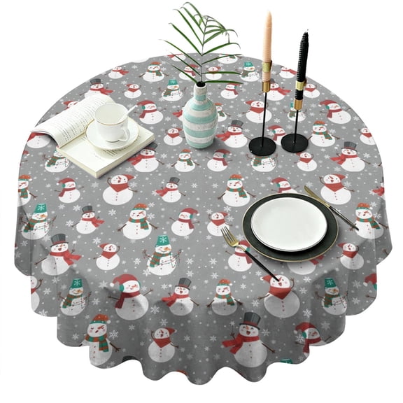 Gray Christmas Snowman Pattern Round Tablecloth 60"x60",Wrinkle Wipeable Table Cloth for Kitchen Dining Room Picnic Patio Party