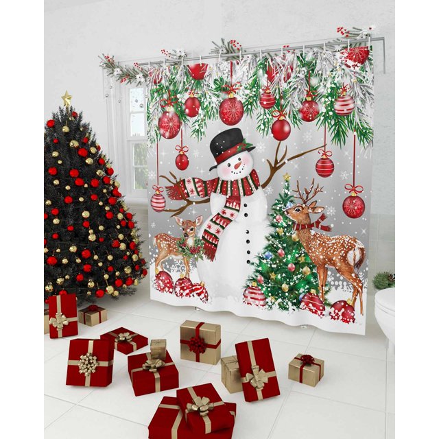 Gray Christmas Snowman Shower Curtain, Funny Deer Xmas Tree Leaves