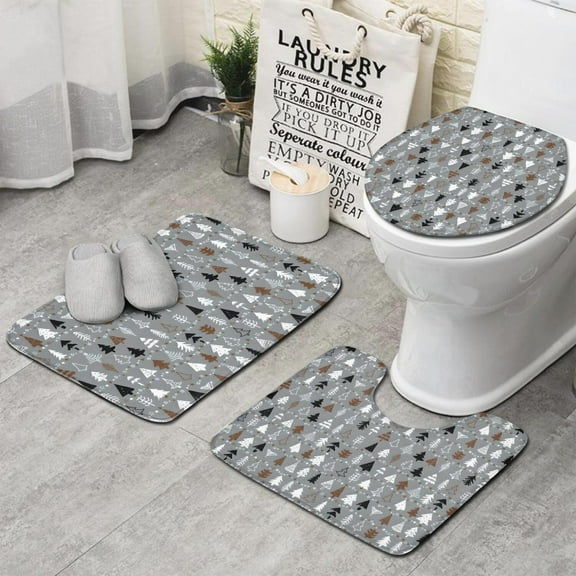 Gray Christmas Tree Pattern Bathroom Rugs Sets 3 Piece,Toilet Cover Set,Absorbent Non Slip Bathroom Mats Sets with U-Shaped Contour Rug Toilet Rug Set