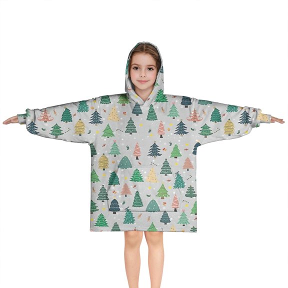 Gray Christmas Tree Pattern Blanket Hoodies for Kids 6-13YR Oversize Wearable Blanket Hoodies for Boys Girls Teens
