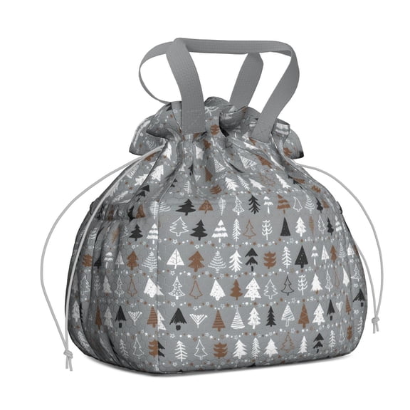 Gray Christmas Tree Pattern Drawstring Lunch Bag Women - Drawstring Lunch Bag Insulated for Work Office - Stain-Resistant Large Lunchbags for Women with Multi-Pockets