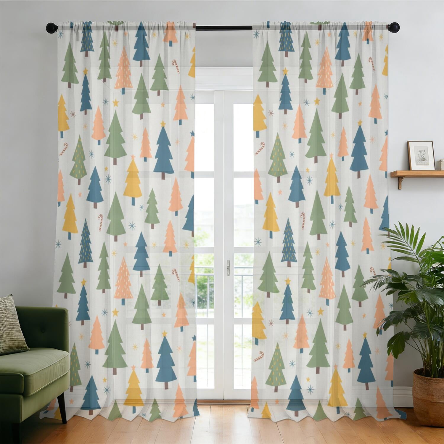 Gray Christmas Tree Pattern Sheer Curtains, Sheer Window Panels with ...