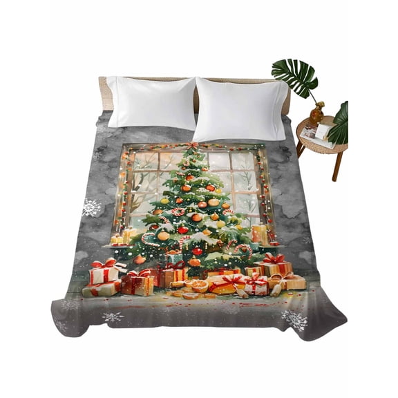 Gray Christmas Tree Twin Size Flat Sheet Only, Hotel Luxury Microfiber Bed Top Sheets, Watercolor Xmas Snowflake Soft Breathable Bedding Sheet for Bedroom, Easy Care - 66" x 96"