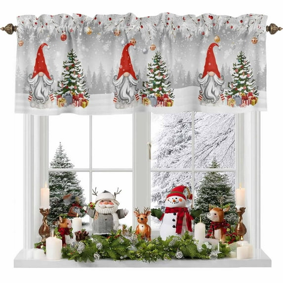 Gray Christmas Valances for Windows, 54 x 18in, Dwarf Present Xmas Ball Snowflake Winter Rod Pocket Kitchen Valance Curtain Light Filtering Window Treatments for Living Room Bedroom, 1 Panel