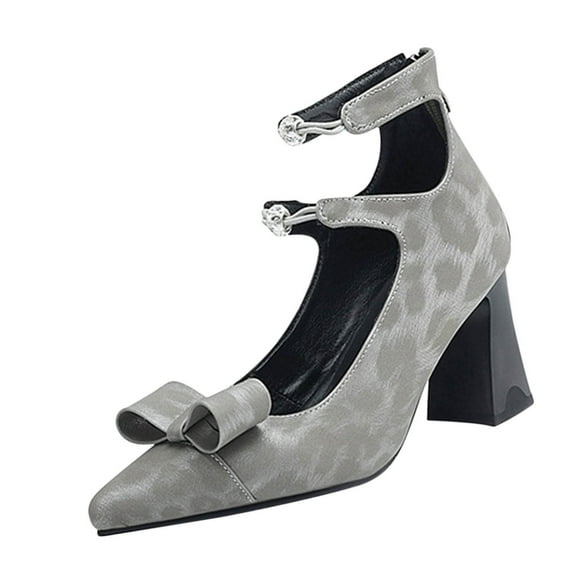 Gray Chunky Heel Mary Jane Shoes For Women With Pointed Toe Bow And Zipper Accent Double Belt Pu Material Comfortable High Heel For Dress And Casual Wear