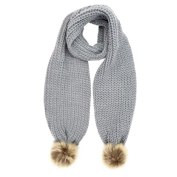 Gray Chunky Knit Oblong Scarf With Faux Fur Pom Poms