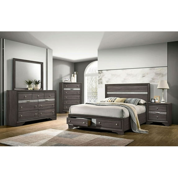 Gray Classic King Size Bed Panel HB Dresser Nightstand w Jewelry Tray Mirror 4pc Set Solid Wood Bedroom Furniture