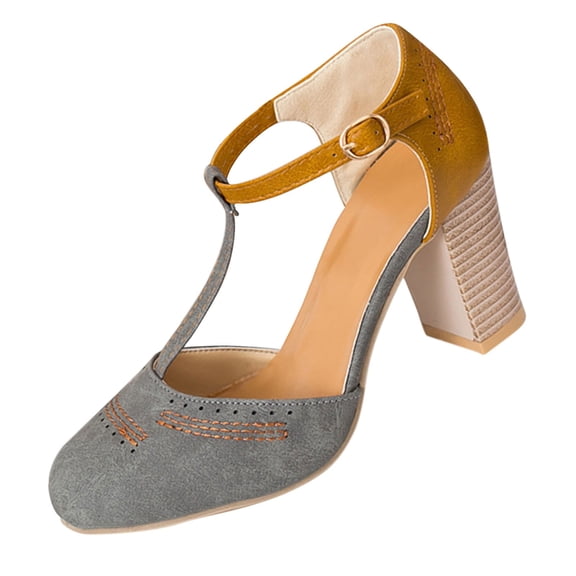 Gray Closed Toe Sandals With Colorblock For Women T-Back Round Toe Thick Heel Comfortable Pu Upper Casual Wear