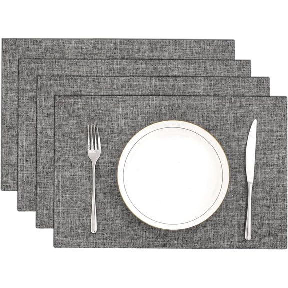 Gray Cloth Placemats Set of 4 Machine Washable Fabric Placemats Heat Resistant Faux Linen Table Mats Double Layer Water Absorbent Place Mats, Grey