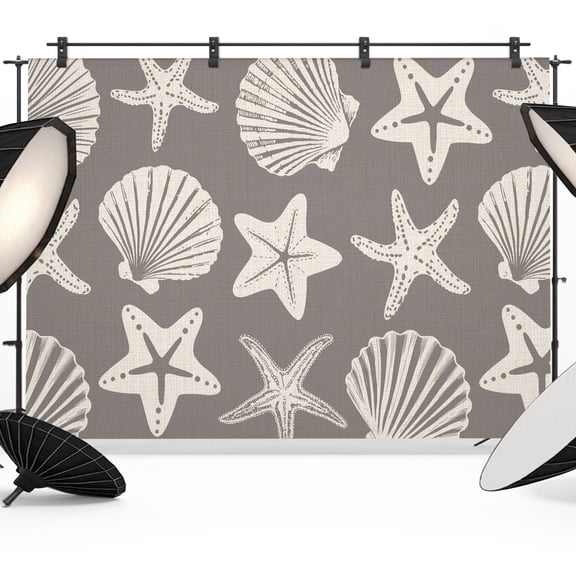 Gray Coastal Backdrops for Photography, Starfish Shell Ocean Nautical Fabric Photo Background Sturdy Studio Props for Photo Studio, Video Recording, Booth & Photoshoot 7x5ft