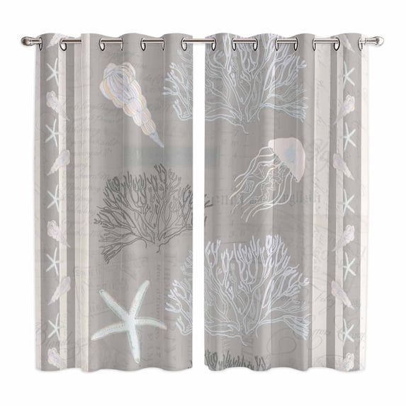 Gray Coastal Kitchen Curtains 84 Inch Length, Nautical Beach Summer Sea Starfish Coral Grommet Top Bedroom Living Room Curtains, Light Filtering Cafe Curtain Drapes 2 Panels Set 104''x84''