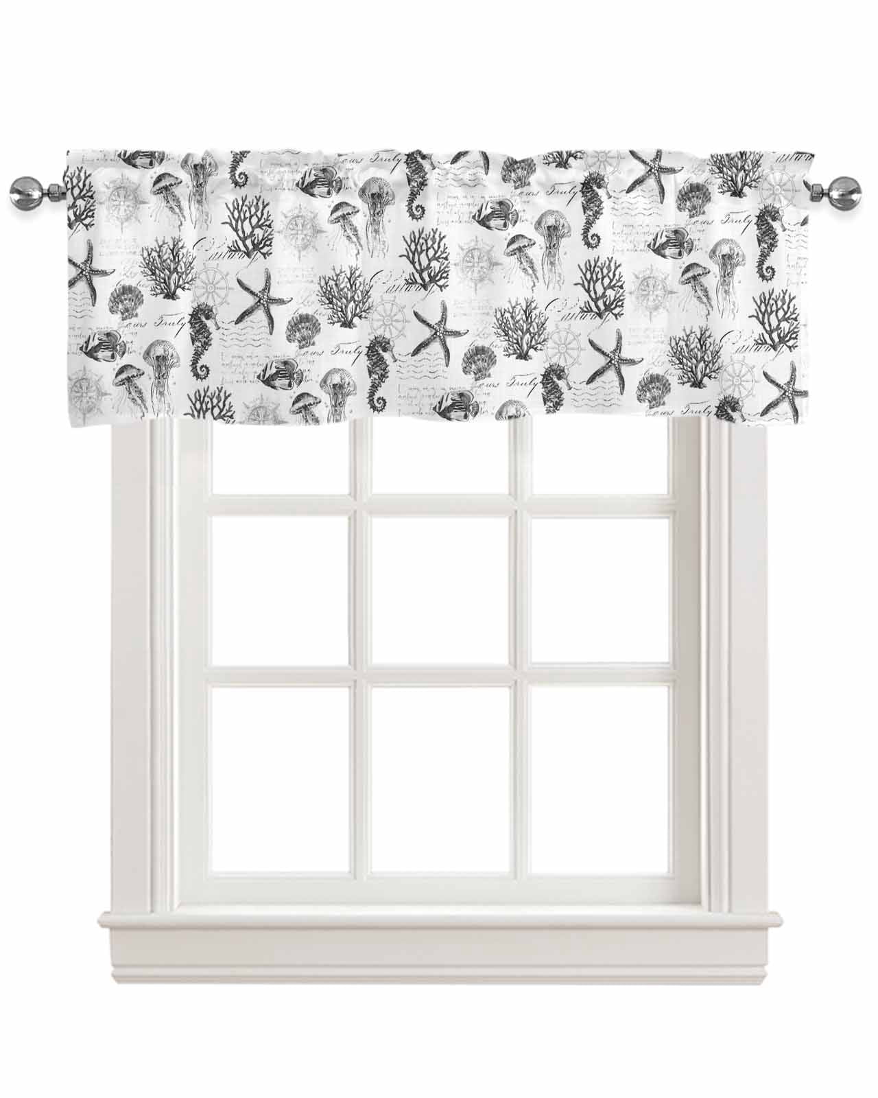 Gray Coastal Kitchen Valances for Windows Farmhouse Linen Window Valance Curtain for Living Room Window Treatment Retro Nautical Starfish Coral Jellyfish Valance Rod Pocket Topper Drape, 42 x 18 Inch