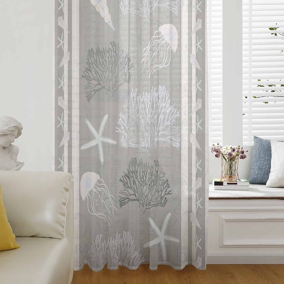Gray Coastal Semi Sheer Curtains Drapes for Living Room, Bedroom, French Doors Window 84 Inches Long, Nautical Beach Summer Sea Starfish Coral Rod Pocket Chiffon Curtain Drapery Voile Drape Panel